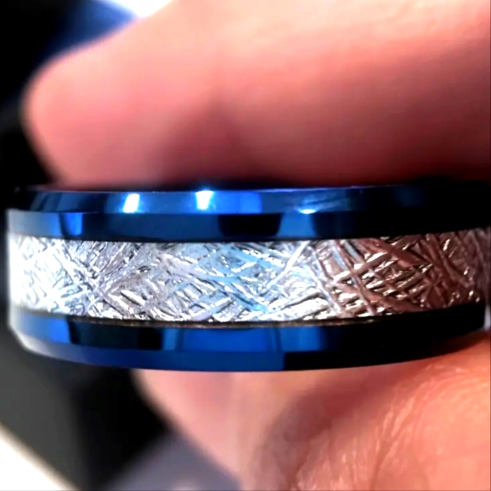 Tungsten Meteorite Ring in Blue & Silver Size 9 NWT Unisex - Picture 2 of 9